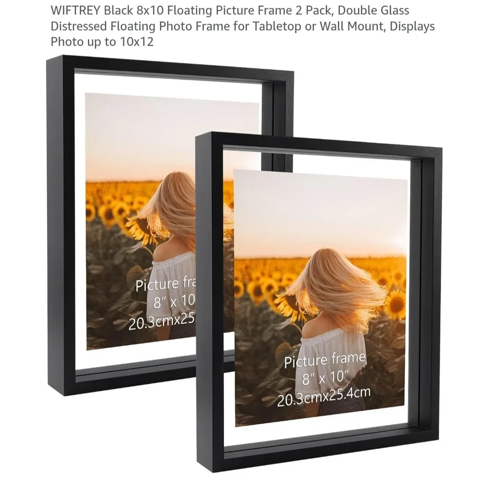 WIFTREY Black 8x10 Floating Picture Frame 2 Pack Double Glass Distressed Wood